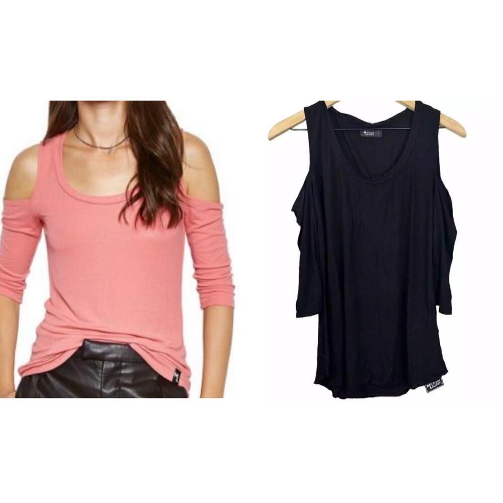 NWT Michael Lauren REVOLVE Renzo 3/4 Sleeve Open Shoulder Scoop Neck Top Black S